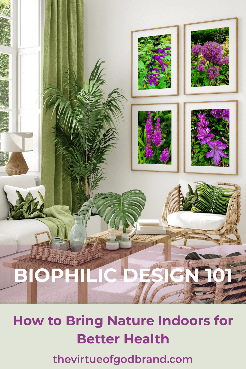 Biophilic design living room with plants, natural light, and nature photography on wall