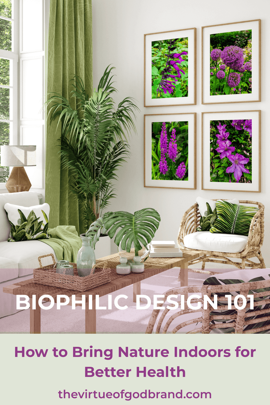 Biophilic design living room with plants, natural light, and nature photography on wall