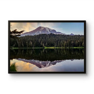 Mt. Rainier Sunset at Reflection Lake | Authentic Nature Photography | Black Framed Canvas Horizontal Print | Biophilic Wall Art for Home Office Decor