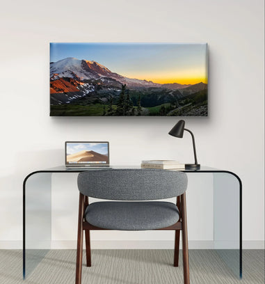 Mt. Rainier sunset canvas wall art above modern glass desk in minimalist home office