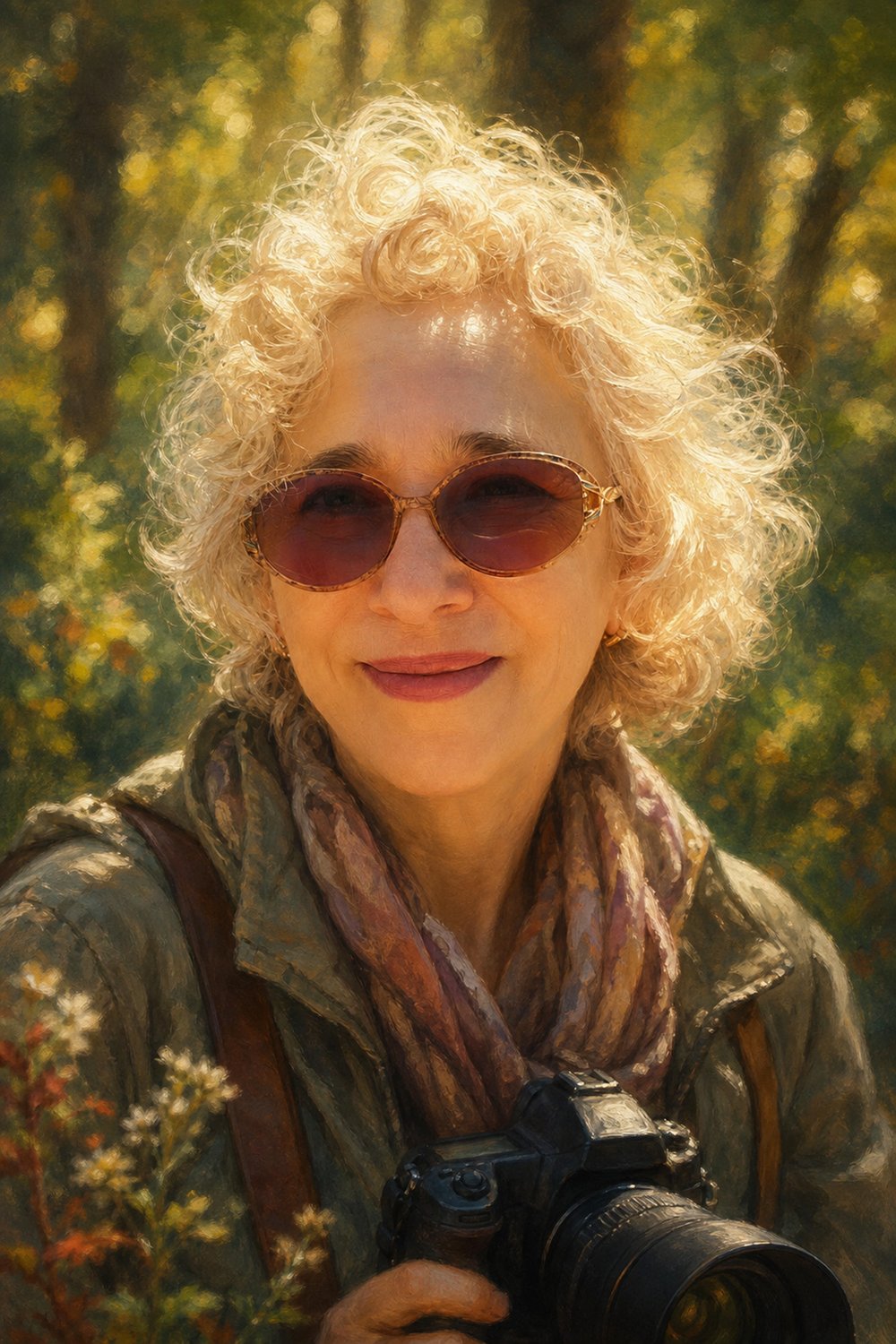 Martha Solo, nature photographer, with her camera in a sunlit forest