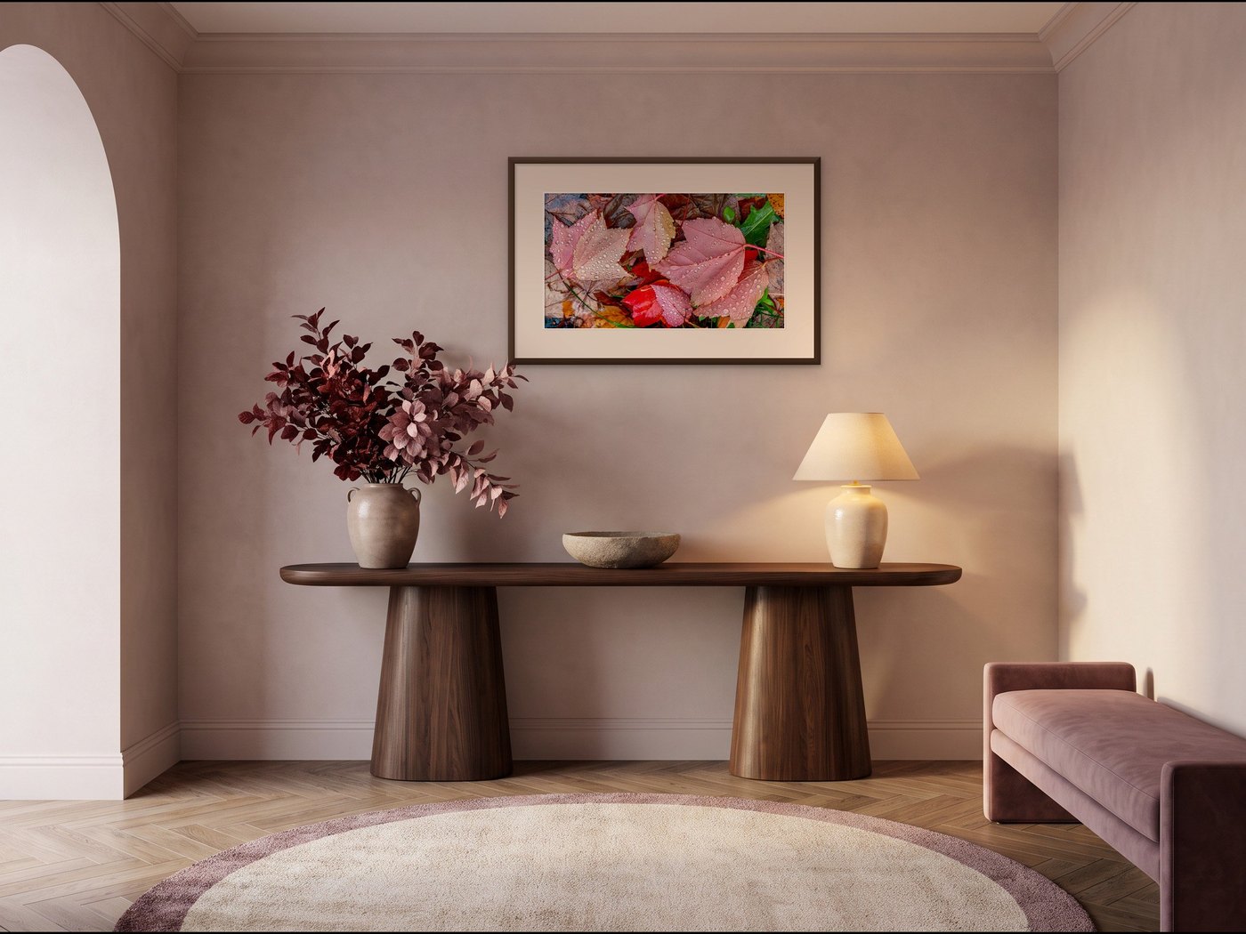 Entryway with a walnut console and a framed photograph of pink autumn leaves covered in raindrops