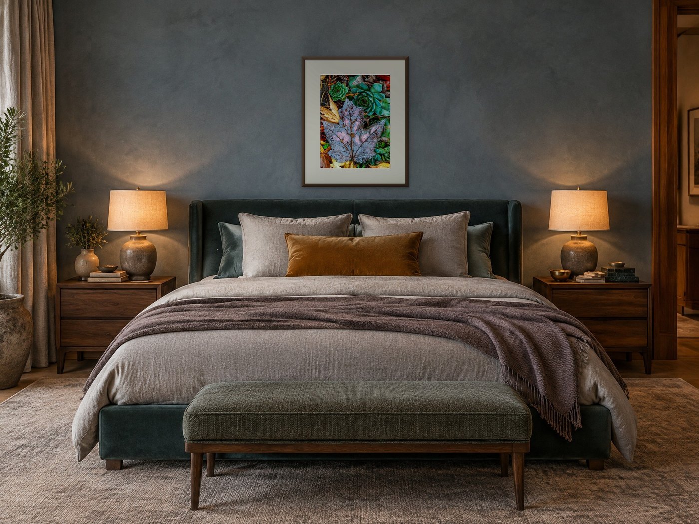 Framed photograph of a blue autumn leaf with raindrops above a teal headboard