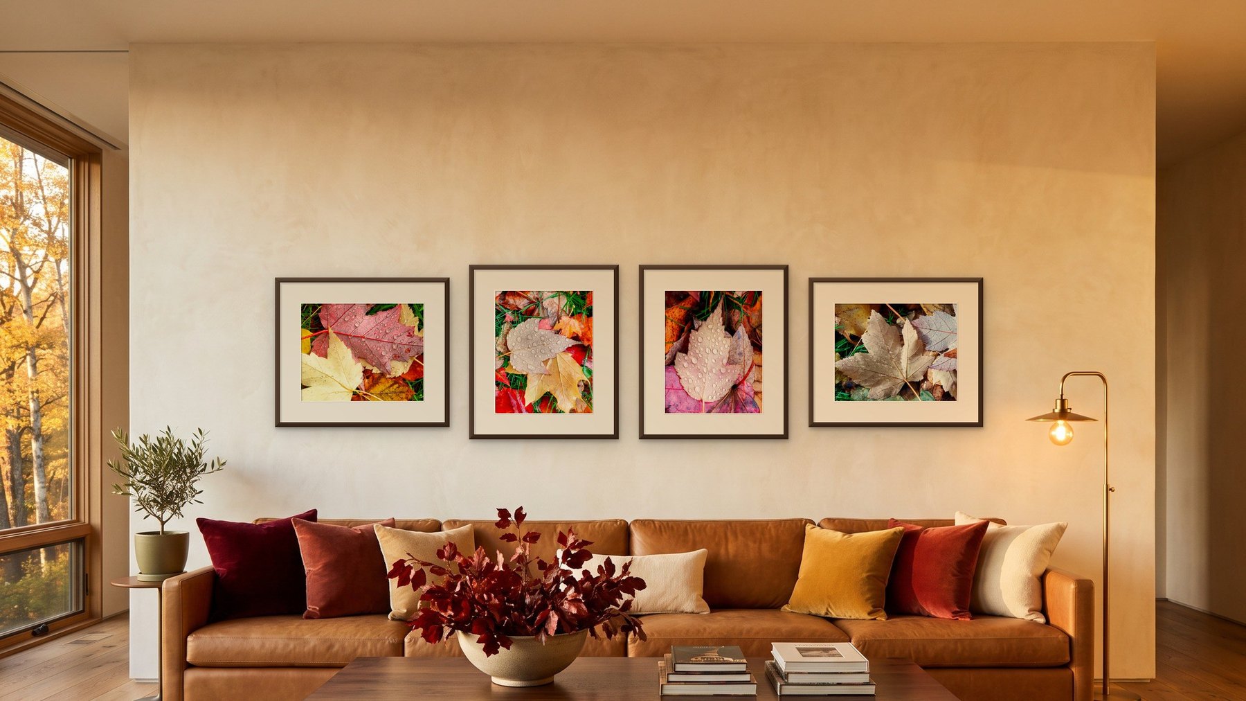 Warm living room with four framed autumn leaf photographs with raindrops by Martha Solo