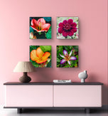 Vibrant Tropical Flowers Close-Up Nature Photography I Square Unframed Canvas Wall Art Set of 4 | Elegant Floral Print for Home Décor