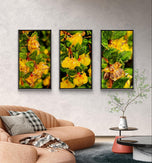 Yellow Flowers with Raindrops Photography | Set of 3 Vertical Unframed Canvas Prints | Nature Wall Art for Home & Office