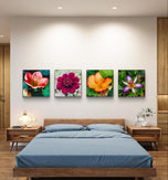 Vibrant Tropical Flowers Close-Up Nature Photography I Square Unframed Canvas Wall Art Set of 4 | Elegant Floral Print for Home Décor