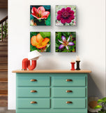 Vibrant Tropical Flowers Close-Up Nature Photography I Square Unframed Canvas Wall Art Set of 4 | Elegant Floral Print for Home Décor