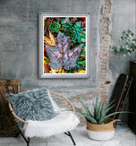 Autumn Rain Blue Leaf Canvas Print - Authentic Macro Nature Photography - Unstretched Vertical Wall Art - Biophilic Home & Office Decor - Ready to Frame