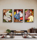Autumn Rain Vibrant Leaves Authentic Macro Photography | Unstretched Canvas Vertical Print Set of 3 | Biophilic Wall Art Décor