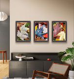 Autumn Rain Vibrant Leaves Authentic Macro Photography | Unstretched Canvas Vertical Print Set of 3 | Biophilic Wall Art Décor