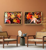 Autumn Rainy Leaves Authentic Macro Photography | Unstretched Canvas Horizontal Prints Set of 2 | Biophilic Nature Wall Art Décor