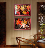 Autumn Rainy Leaves Authentic Macro Photography | Unstretched Canvas Horizontal Prints Set of 2 | Biophilic Nature Wall Art Décor