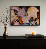 Autumn Rainy Vibrant Leaves Authentic Macro Photography Print on Black Framed Horizontal Canvas | Biophilic Wall Art for Home Office Décor
