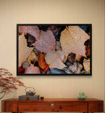 Autumn Rainy Vibrant Leaves Authentic Macro Photography Print on Black Framed Horizontal Canvas | Biophilic Wall Art for Home Office Décor