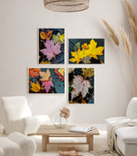 Autumn Rainy Vibrant Leaves Botanical Wall Art - Authentic Closeup Photography Unframed Canvas Prints Set of 4 - Biophilic Home & Office Decor