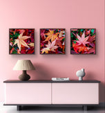 Autumn Vibrant Leaves Macro Photography Set of 3 | Unstretched Canvas Square Prints | Biophilic Wall Art Décor