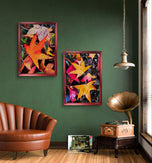 Autumn Vibrant Leaves Vertical Prints Set - Professional Closeup Photography Duo - Unstretched Canvas Nature Wall Art - Biophilic Home Decor