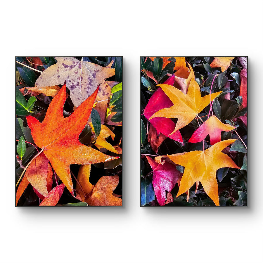 Autumn Vibrant Leaves Vertical Prints Set - Professional Closeup Photography Duo - Unstretched Canvas Nature Wall Art - Biophilic Home Decor