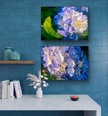 Summer Brilliance — Blue Hydrangea in Sunset Macro Photography | Unframed Horizontal Canvas Wall Art Set of 2 for Living Room