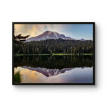Mt. Rainier Sunset at Reflection Lake | Authentic Nature Photography | Black Framed Canvas Horizontal Print | Biophilic Wall Art for Home Office Decor