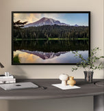Mt. Rainier Sunset at Reflection Lake | Authentic Nature Photography | Black Framed Canvas Horizontal Print | Biophilic Wall Art for Home Office Decor