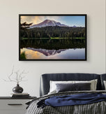 Mt. Rainier Sunset at Reflection Lake | Authentic Nature Photography | Black Framed Canvas Horizontal Print | Biophilic Wall Art for Home Office Decor