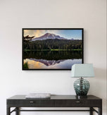 Mt. Rainier Sunset at Reflection Lake | Authentic Nature Photography | Black Framed Canvas Horizontal Print | Biophilic Wall Art for Home Office Decor