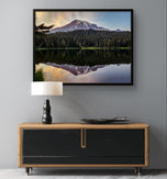 Mt. Rainier Sunset at Reflection Lake | Authentic Nature Photography | Black Framed Canvas Horizontal Print | Biophilic Wall Art for Home Office Decor