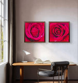Red Roses with Raindrops | Authentic Nature Macro Photography | Unframed Canvas 2 Square Prints Set | Biophilic Style Wall Art for Home Décor