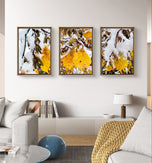 Winter Snowy Orange Leaves Authentic Macro Photography | Unframed Canvas Vertical Print Set of 3 | Biophilic Style Wall Art Decor | Holiday Gift