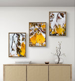 Winter Snowy Orange Leaves Authentic Macro Photography | Unframed Canvas Vertical Print Set of 3 | Biophilic Style Wall Art Decor | Holiday Gift