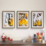 Winter Snowy Orange Leaves Authentic Macro Photography | Unframed Canvas Vertical Print Set of 3 | Biophilic Style Wall Art Decor | Holiday Gift