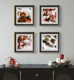 Snowy Red Leaves Authentic Macro Photography | Unframed Canvas Square Print Set of 4 | Biophilic Style Wall Art Decor | Holiday Gift