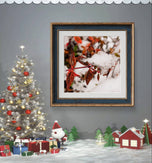 Snowy Red Leaves Authentic Macro Photography | Unframed Canvas Square Print Set of 4 | Biophilic Style Wall Art Decor | Holiday Gift