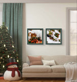 Snowy Red Leaves Authentic Macro Photography | Unframed Canvas Square Print Set of 4 | Biophilic Style Wall Art Decor | Holiday Gift