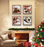 Snowy Red Leaves Authentic Macro Photography | Unframed Canvas Square Print Set of 4 | Biophilic Style Wall Art Decor | Holiday Gift