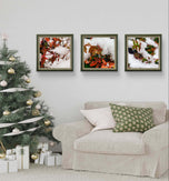 Snowy Red Leaves Authentic Macro Photography | Unframed Canvas Square Print Set of 4 | Biophilic Style Wall Art Decor | Holiday Gift