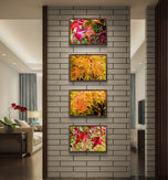 Autumn Rain-Kissed Vibrant Leaves Macro Photography | Set of 4 Horizontal Unstretched Canvas Prints | Biophilic Wall Art Decor