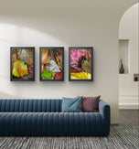 Autumn Vibrant Leaves Authentic Macro Photography | Unstretched Canvas Vertical Wall Art Set of 3 | Biophilic Nature Décor