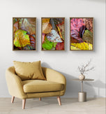 Autumn Vibrant Leaves Authentic Macro Photography | Unstretched Canvas Vertical Wall Art Set of 3 | Biophilic Nature Décor