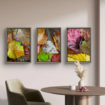 Autumn Vibrant Leaves Authentic Macro Photography | Unstretched Canvas Vertical Wall Art Set of 3 | Biophilic Nature Décor