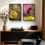 Autumn Vibrant Leaves Authentic Macro Photography | Unstretched Canvas Vertical Wall Art Set of 3 | Biophilic Nature Décor