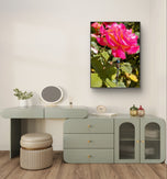 Vibrant Pink Rose with Dragonfly - Authentic Nature Closeup Photography - Unframed Canvas Vertical Print - Biophilic Wall Art for Home Office Décor