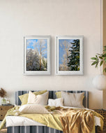 Snowy Forest Sunrise Canvas Art | Awaken to Winter's Tranquility | Authentic Nature Photography Print Set of 2 | Biophilic Vertical Wall Decor