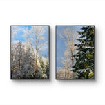 Snowy Forest Sunrise Canvas Art | Awaken to Winter's Tranquility | Authentic Nature Photography Print Set of 2 | Biophilic Vertical Wall Decor