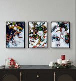 Winter Frost Covered Red Leaves Authentic Macro Photography | Unstretched Canvas Vertical 3 Prints Set | Biophilic Style Wall Art Decor