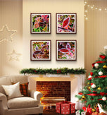 Winter Frost Red Leaves Authentic Macro Photography | Stress-Relief Nature Art | Unframed Canvas Square Print Set of 4 | Biophilic Wall Decor
