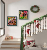 Winter Frost Red Leaves Authentic Macro Photography | Stress-Relief Nature Art | Unframed Canvas Square Print Set of 4 | Biophilic Wall Decor