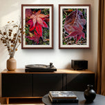 Winter Frosty Maple Leaves Authentic Macro Photography | Autumn's Final Glory | Unframed Canvas Vertical Print Set of 2 | Biophilic Wall Decor